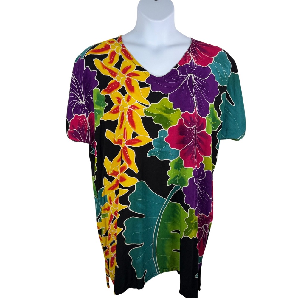 Dancing Gecko Hawaii Floral Hibiscus Rayon V-Neck Tunic Top S/M Bright Vacation